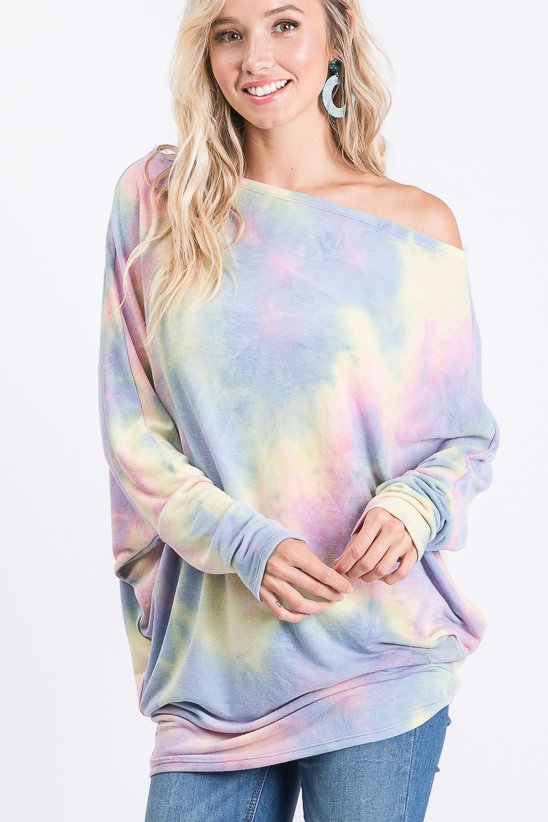 OFF THE SHOULDER SWOOP NECK PASTEL RAINBOW TIE DYE TOP