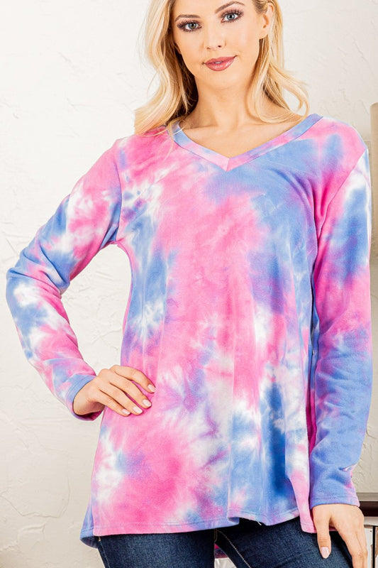 PINK/BLUE TIE DYE PRINT LONG SLEEVE TOP