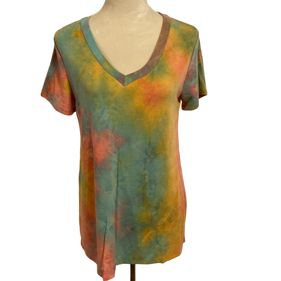 SHORT SLEEVE V NECK MULTI COLOR TIE DYE PRINT TOP