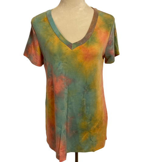 SHORT SLEEVE V NECK MULTI COLOR TIE DYE PRINT TOP