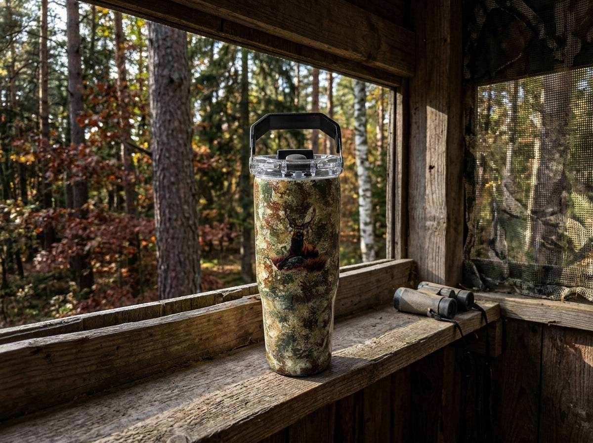 Custom Painted Camo Deer Stainless Tri-Sip Tumbler w/Clear Screw-On Lid, Black Handle and Straw- 30 Oz