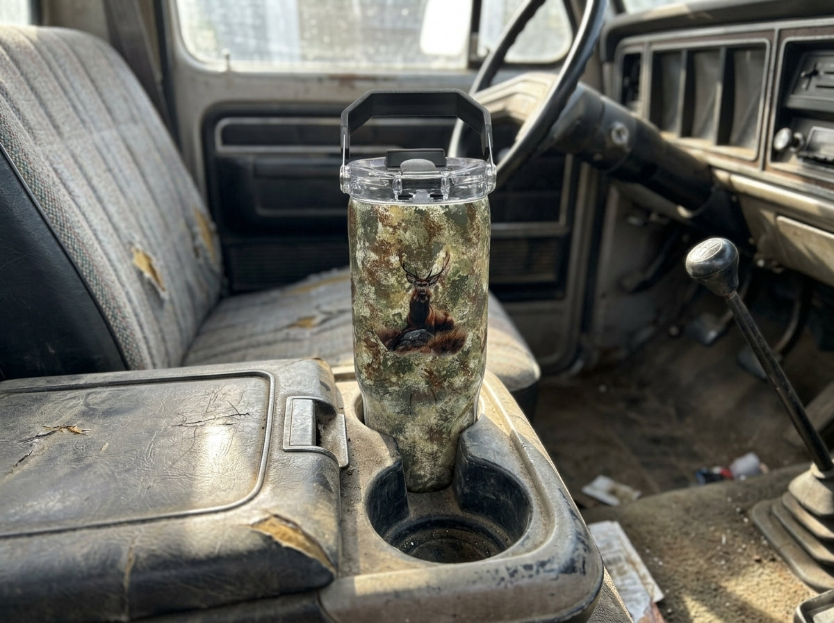Custom Painted Camo Deer Stainless Tri-Sip Tumbler w/Clear Screw-On Lid, Black Handle and Straw- 30 Oz