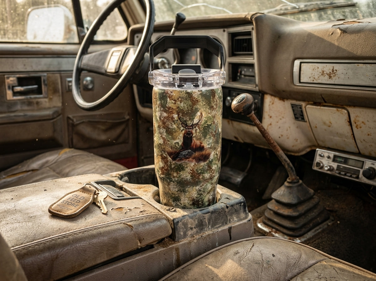 Custom Painted Camo Deer Stainless Tri-Sip Tumbler w/Clear Screw-On Lid, Black Handle and Straw- 30 Oz