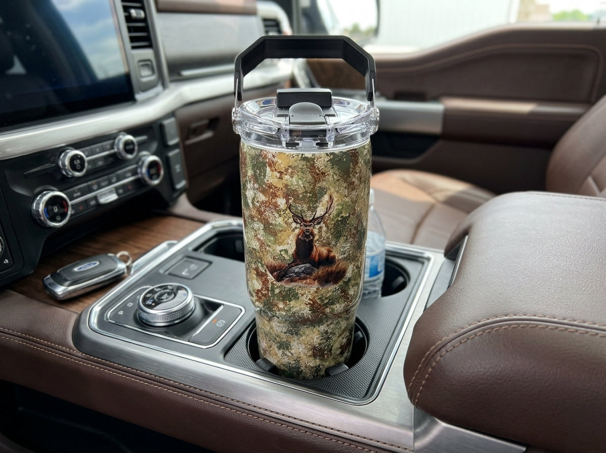 Custom Painted Camo Deer Stainless Tri-Sip Tumbler w/Clear Screw-On Lid, Black Handle and Straw- 30 Oz