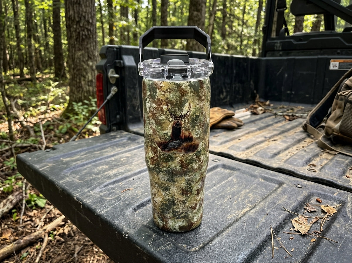 Custom Painted Camo Deer Stainless Tri-Sip Tumbler w/Clear Screw-On Lid, Black Handle and Straw- 30 Oz