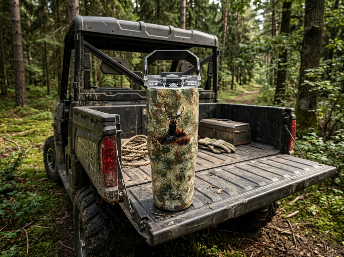 Custom Painted Camo Deer Stainless Tri-Sip Tumbler w/Clear Screw-On Lid, Black Handle and Straw- 30 Oz