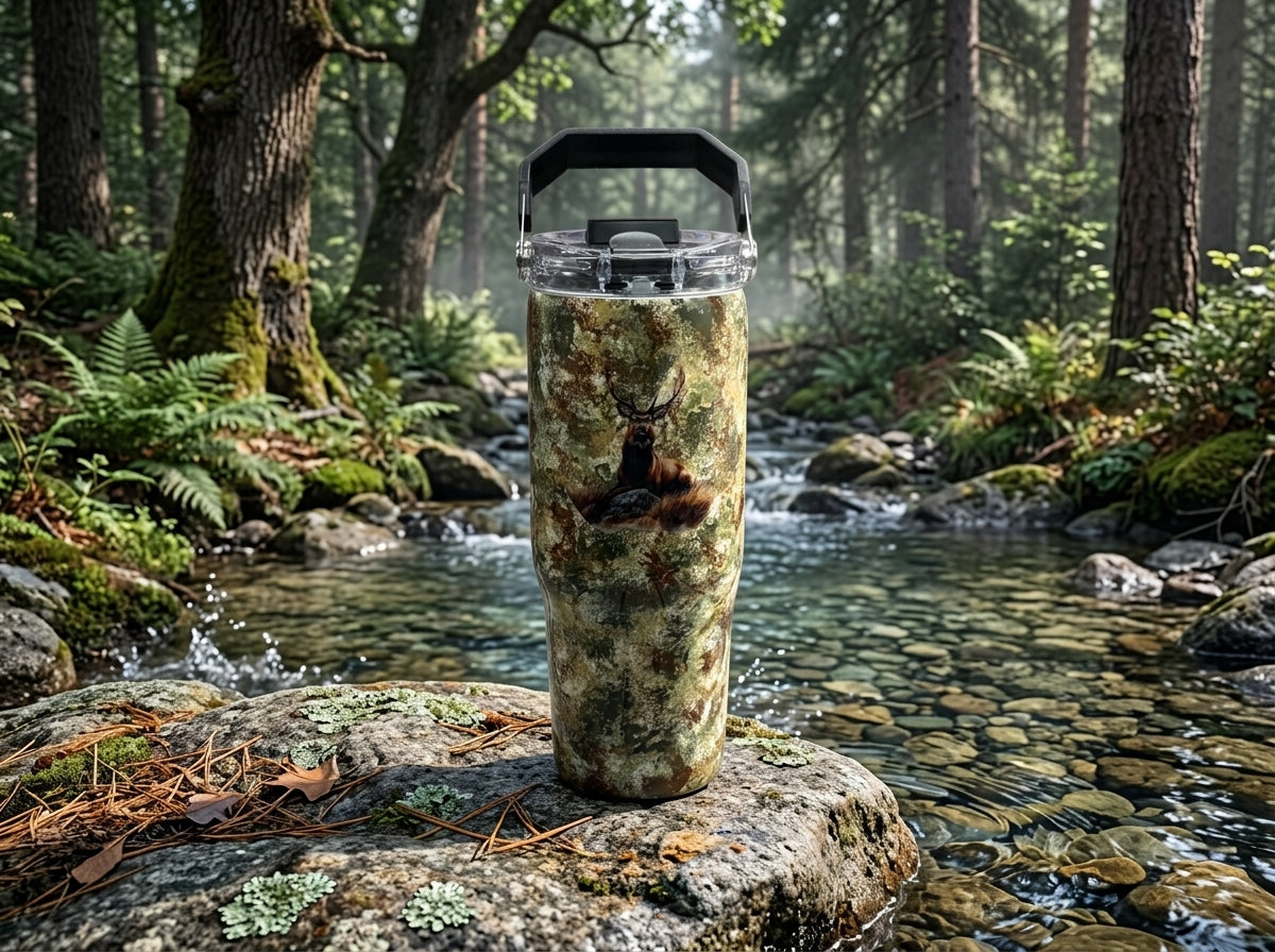 Custom Painted Camo Deer Stainless Tri-Sip Tumbler w/Clear Screw-On Lid, Black Handle and Straw- 30 Oz