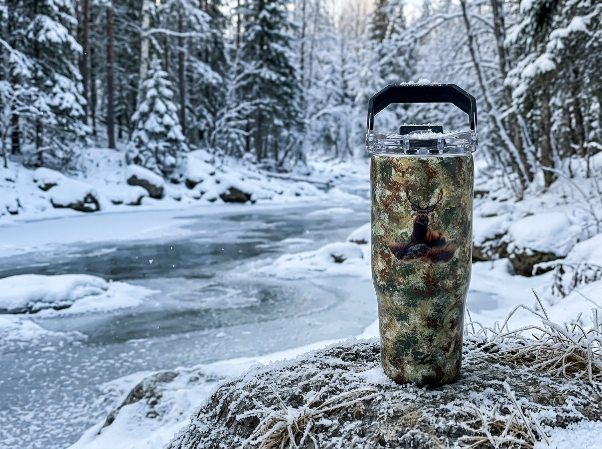 Custom Painted Camo Deer Stainless Tri-Sip Tumbler w/Clear Screw-On Lid, Black Handle and Straw- 30 Oz