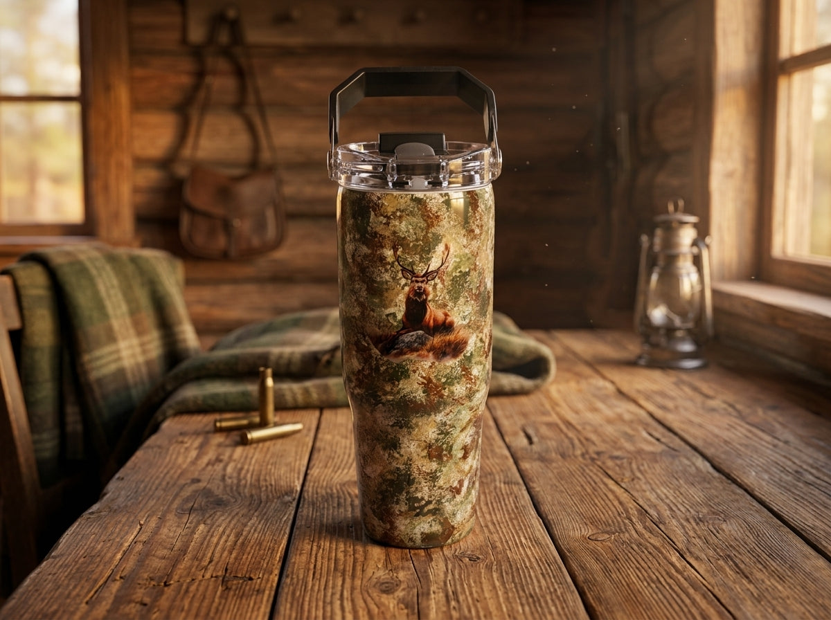 Custom Painted Camo Deer Stainless Tri-Sip Tumbler w/Clear Screw-On Lid, Black Handle and Straw- 30 Oz