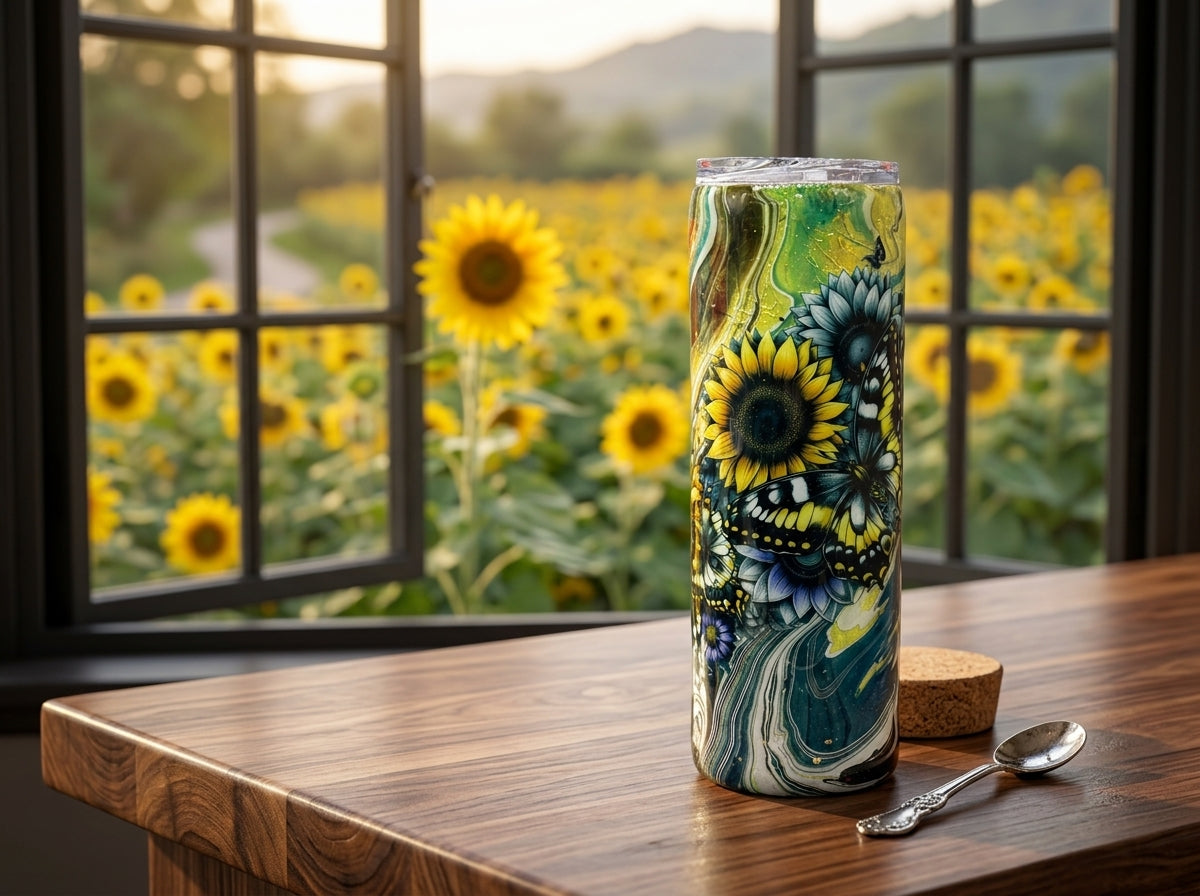 Custom Painted Sunflower Butterfly Swirl Stainless Skinny Tumbler w/Sliding Lid and Straw- 30 Oz