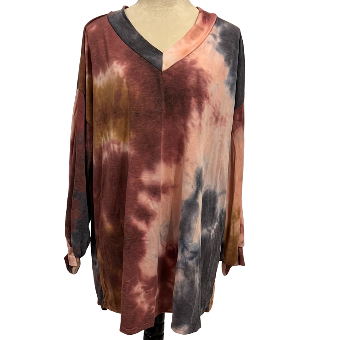 BURGUNDY/NAVY TIE DYE LONG SLEEVE V-NECK