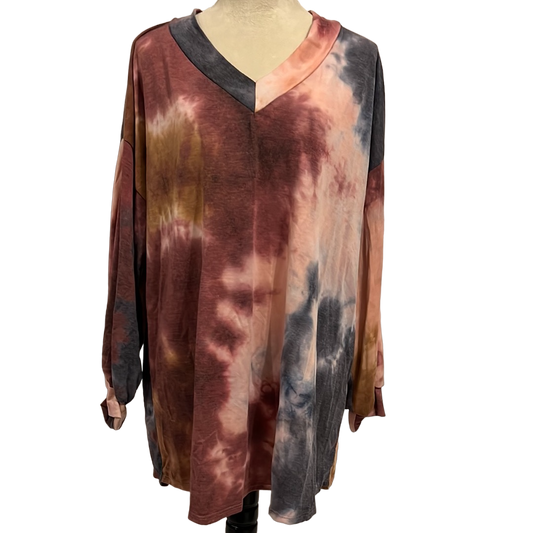 BURGUNDY/NAVY TIE DYE LONG SLEEVE V-NECK