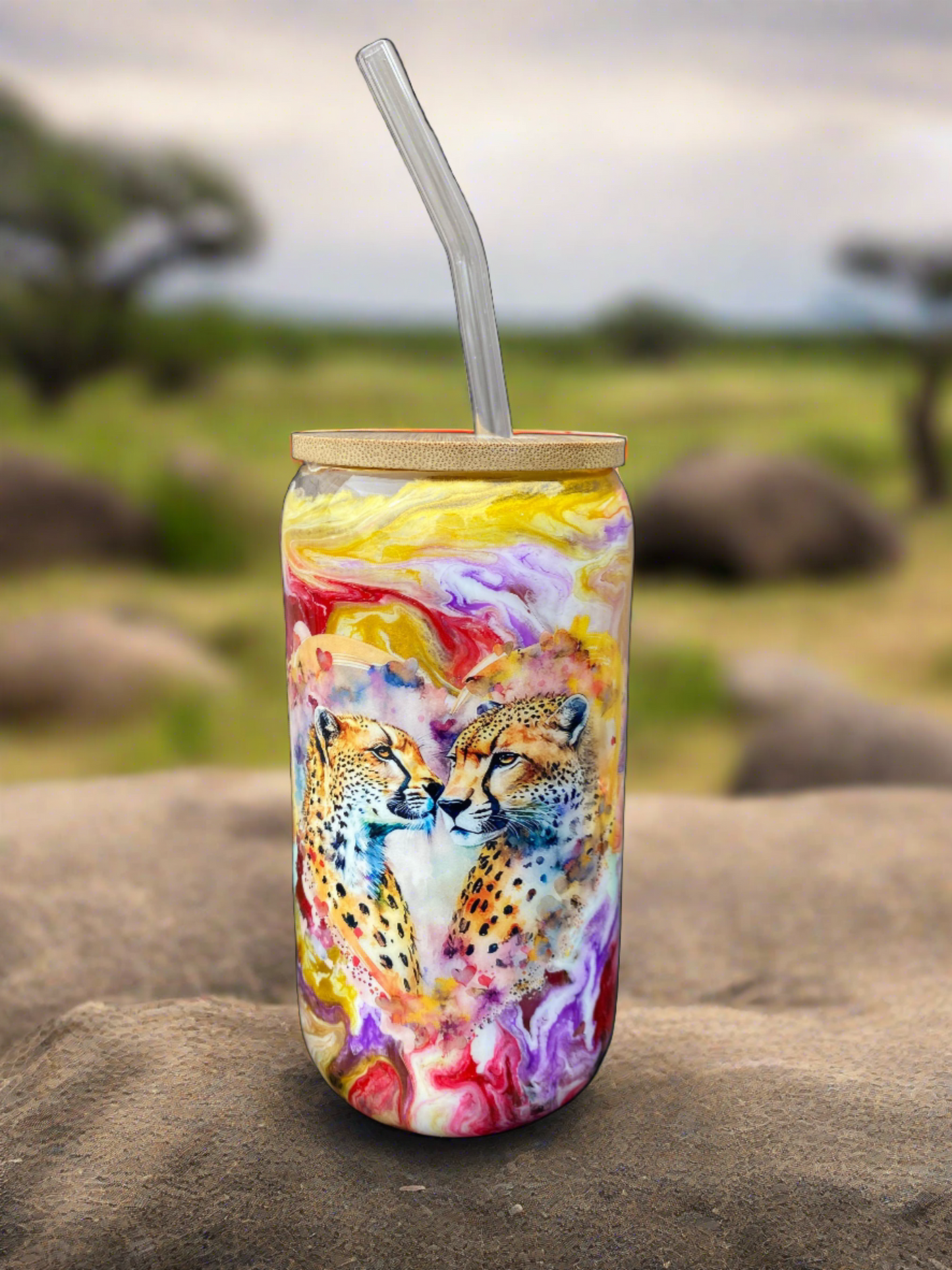 Custom Painted Cheetah Floral Glass Tumbler - 18 Oz