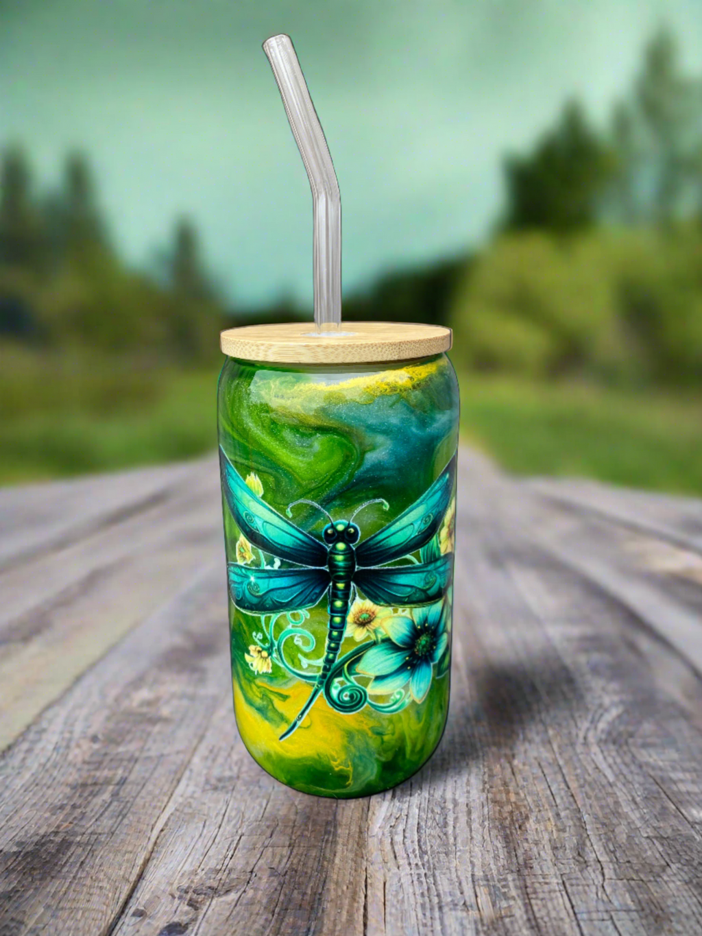 Custom Painted Green Dragonfly Glass Tumbler - 18 Oz