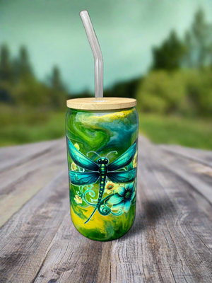 Custom Painted Green Dragonfly Glass Tumbler - 18 Oz