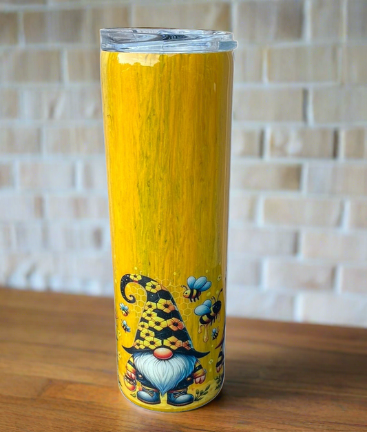 Custom Painted Bee Gnomes Stainless Skinny Tumbler w/Sliding Lid and Straw- 30 Oz