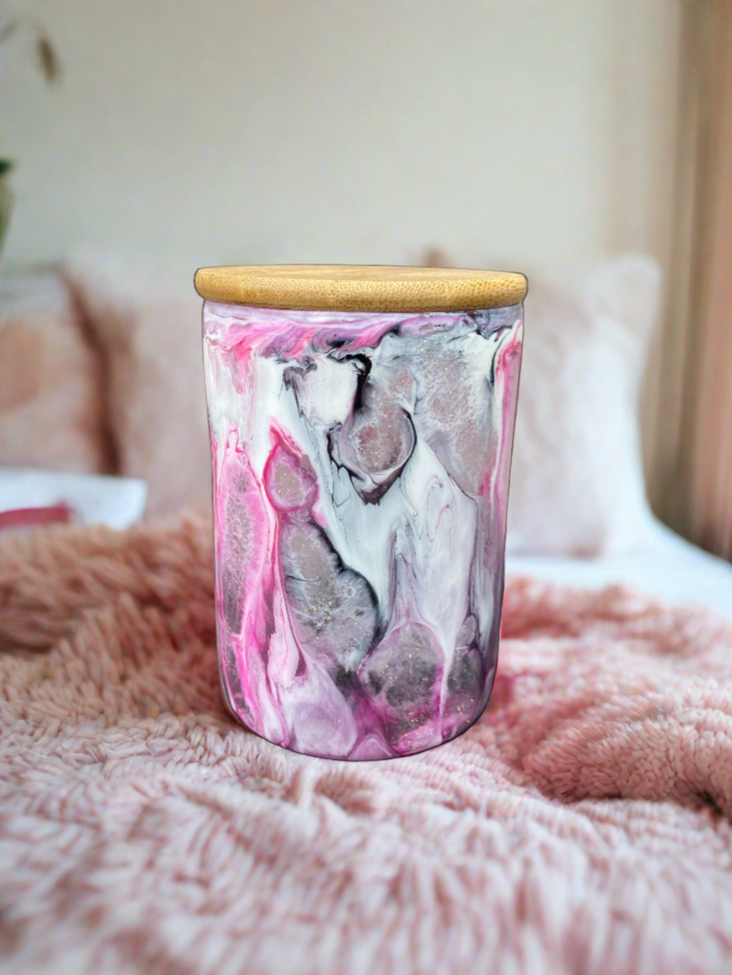 Hand-Painted Storage Jar - (Pink/White/Black) 18 Oz