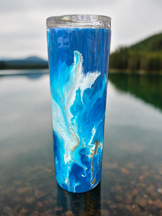 Custom Painted Blue Gold Stainless Skinny Tumbler w/Sliding Lid and Straw- 30 Oz