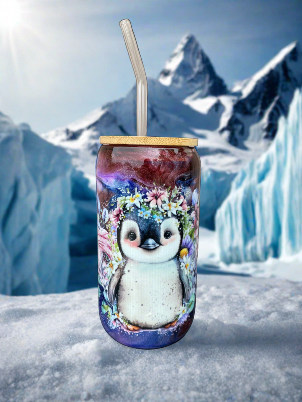 Custom Painted Penguin Glass Tumbler - 18 Oz