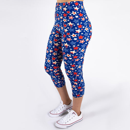 ONE SIZE Peach skin 4th of July capri style leggings featuring stars and stripes