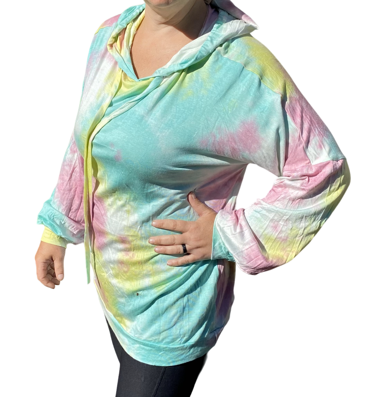 GREEN AND PURPLE TIE DYE LONG SLEEVE TOP WITH HOOD