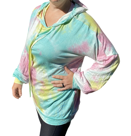 GREEN AND PURPLE TIE DYE LONG SLEEVE TOP WITH HOOD