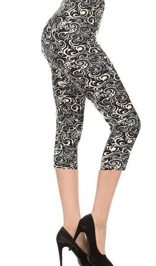 CAPRI Grey White Swirls Print One Size Capri