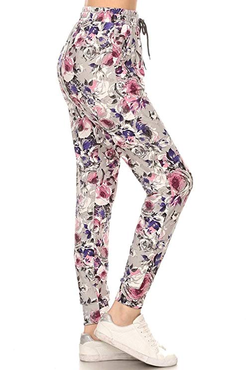 GREY FLORAL joggers with solid trim, drawstring waistband, waist pockets, and cuffed hems