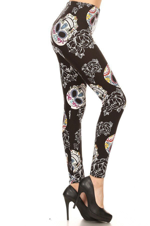 SUGAR SKULLS WITH ROSES Brushed Ankle PLUS SIZE Leggings