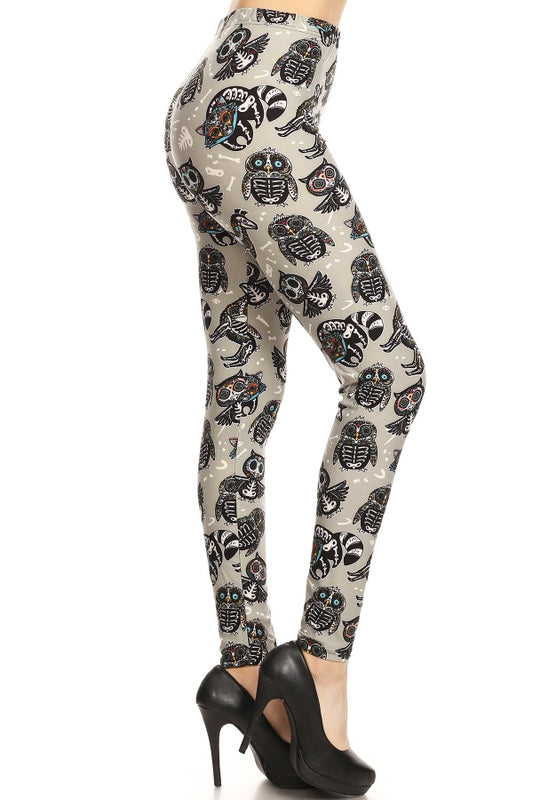 ONE SIZE GREY SKELETON ANIMAL Print Brushed Leggings