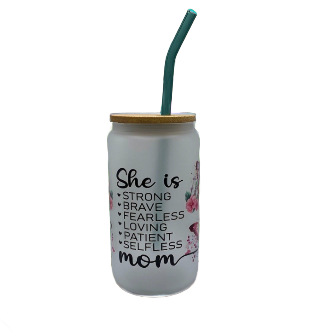 She Is Mom Butterfly Floral Glass Tumbler - 18 Oz