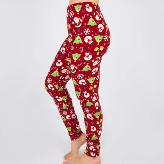 SANTA & SNOWMAN Print Brushed ONE SIZE Leggings