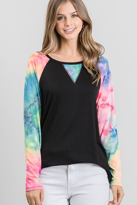 LONG SLEEVE SOLID AND TIE DYE PRINT CONTRAST TOP