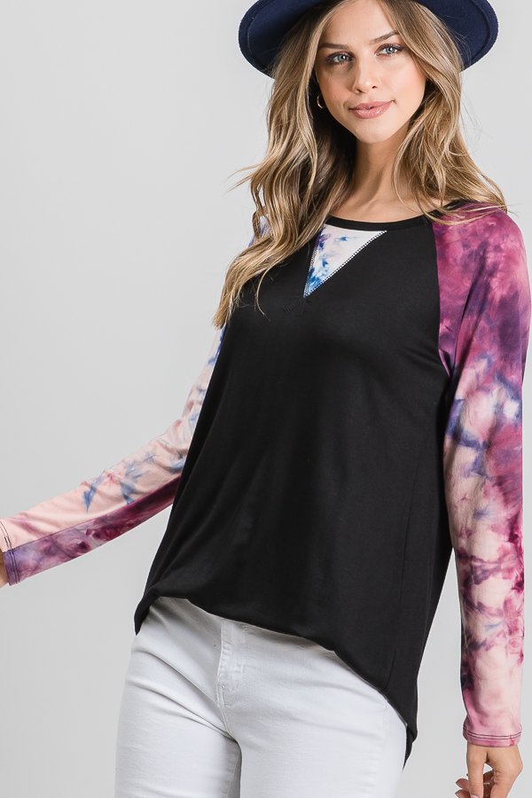 LONG SLEEVE SOLID AND TIE DYE PRINT CONTRAST TOP