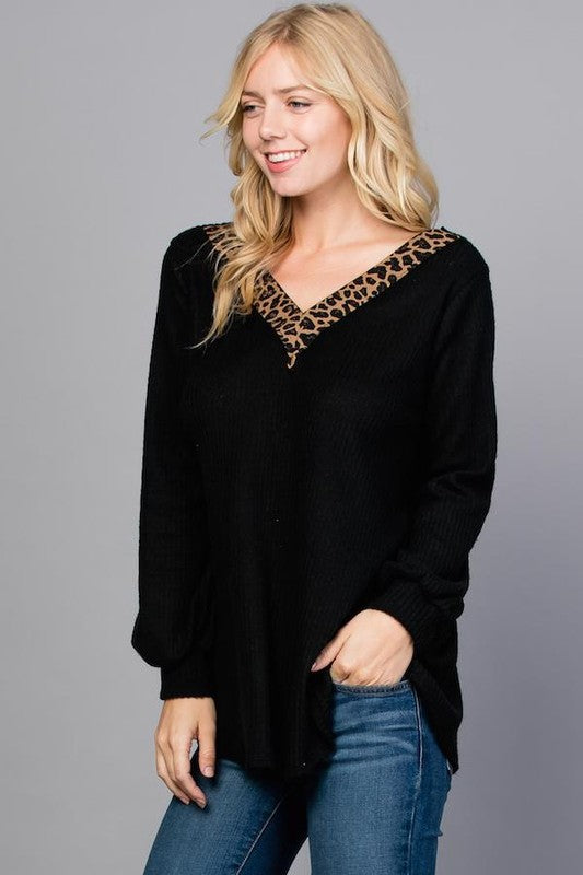 Solid Waffle Leopard Trim V Neck Long Sleeves Top
