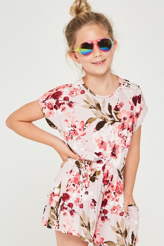 GIRLS FLORAL PRINT ROMPER WITH BACK BUTTON