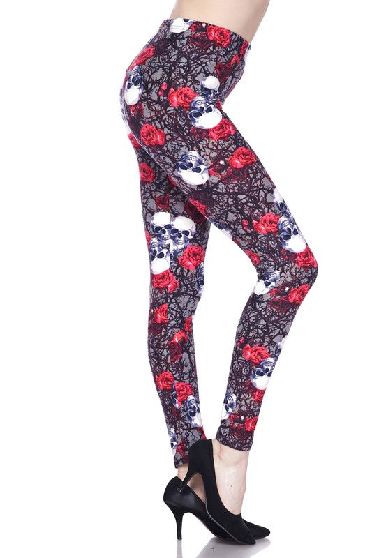 ONE SIZE Red Rose Vine Print Brushed Leggings