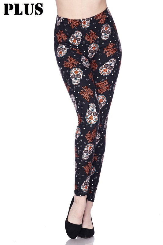 PLUS SIZE RED/YELLOW FLORALSKULL HALLOWEEN Print Brushed Leggings