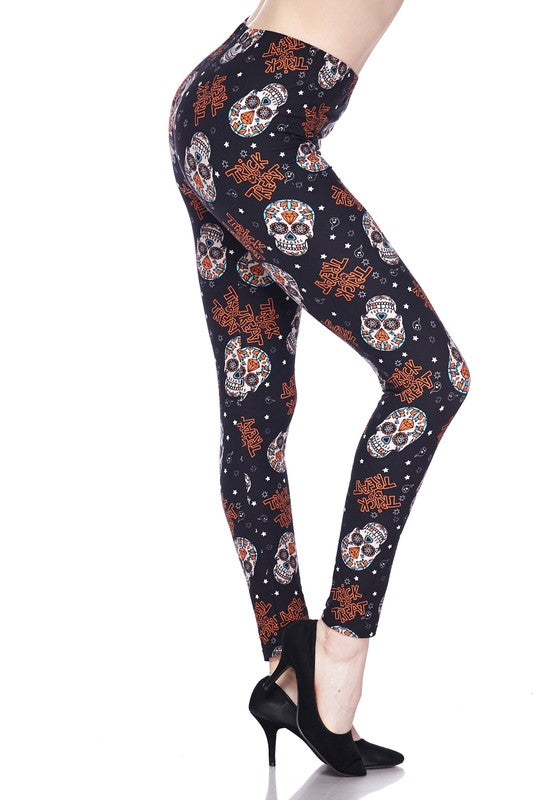 ONE SIZE SKULL HALLOWEEN Print Brushed Leggings