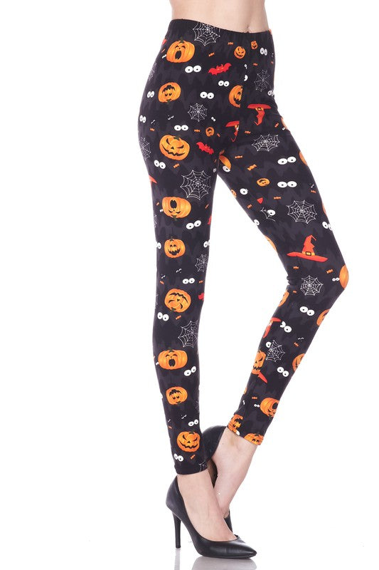 ONE SIZE SPIDER PUMPKIN Print Brushed Leggings