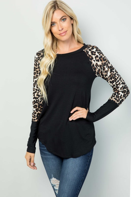 Leopard Print Long Sleeve Raglan Top