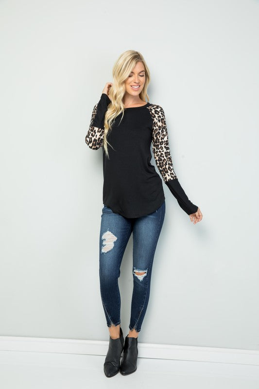 Leopard Print Long Sleeve Raglan Top