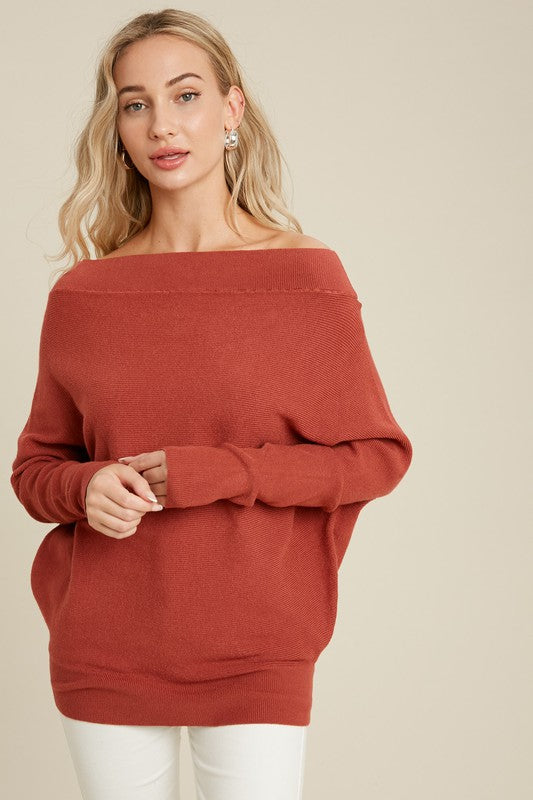 LONG SLEEVE WIDE BOAT NECK SOLID SWEATER TOP