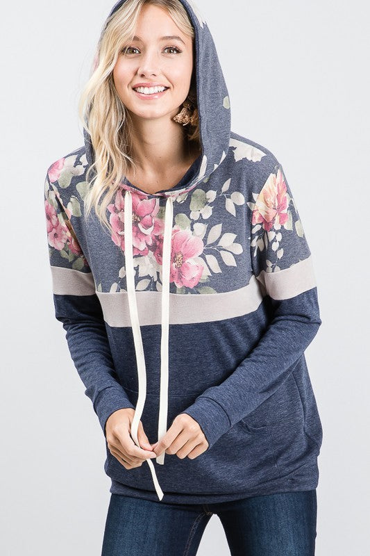 LONG SLEEVE FLORAL CONTRAST POCKET HOODIE TOP