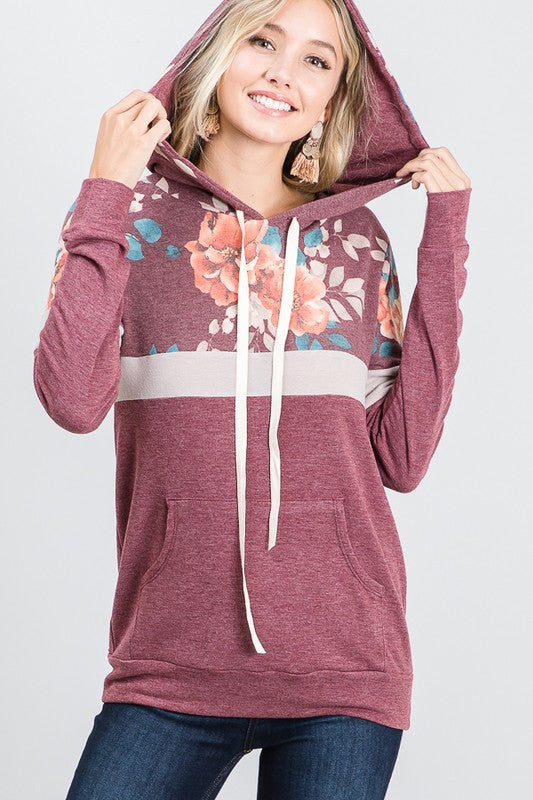 LONG SLEEVE FLORAL CONTRAST POCKET HOODIE TOP