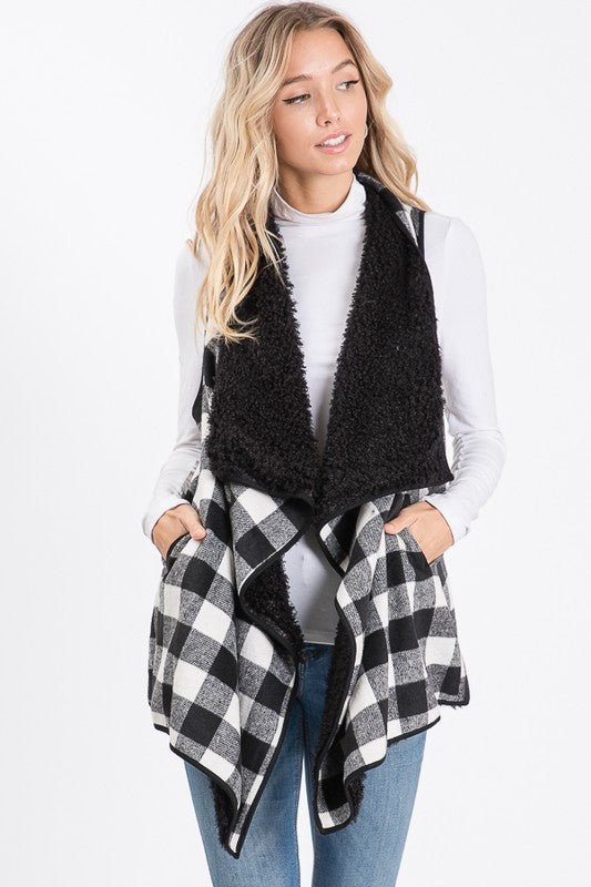 SLEEVELESS PLAID PRINT DRAPED ZIP UP VEST WITH SIDE POCKET