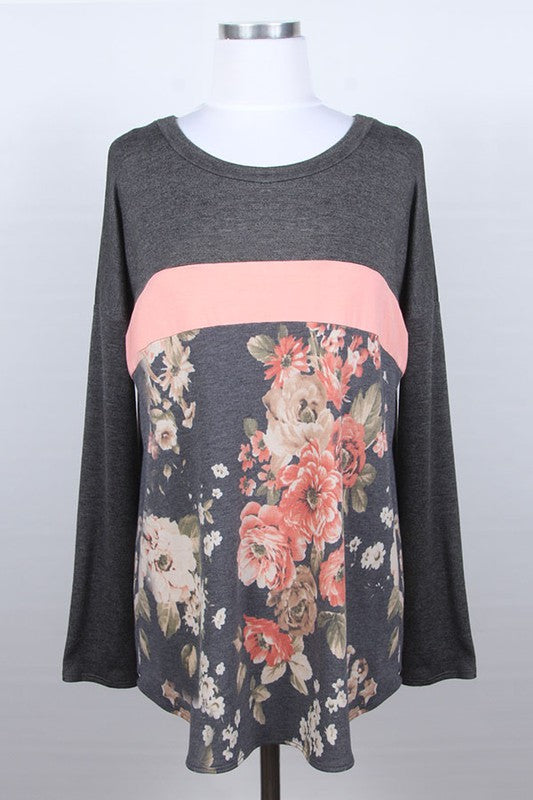 Floral Contrast Color Block Knit Top