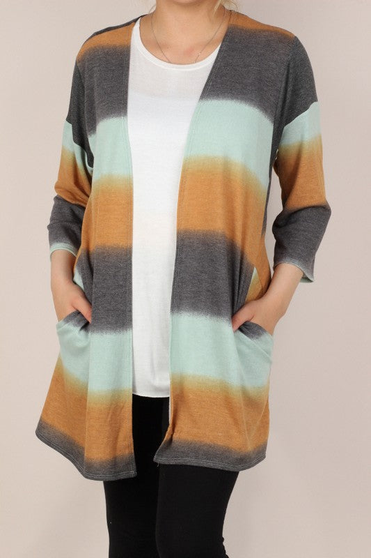 3/4 SLEEVE COLOR BLOCK CARDIGAN W POCKETS