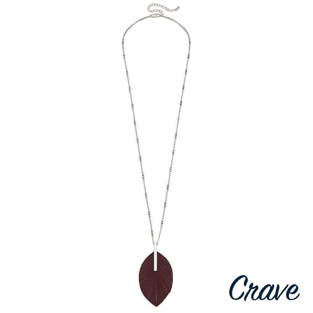 BURGUNDY SILVER FEATHER PENDANT NECKLACE