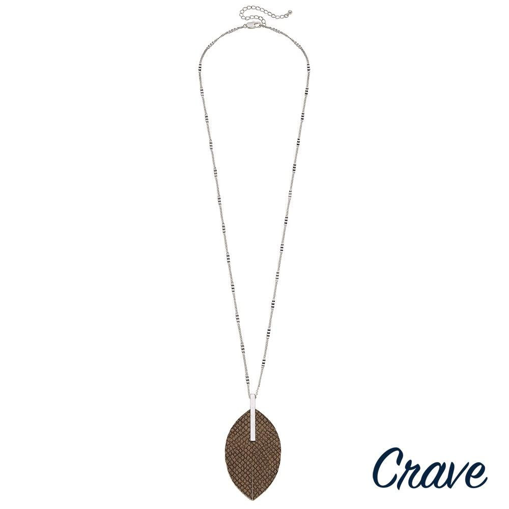 BROWN SILVER FEATHER PENDANT NECKLACE